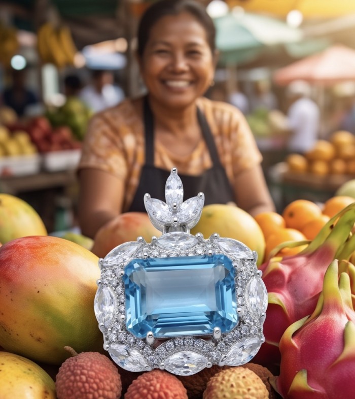 Vintage style boquette cut 12.8 carat Swiss Blue Topaz .925 Sterling Silver DIPPED IN RHODIUM handmade Pendant - Close-up of vintage 12.8 carat Swiss Blue Topaz ring at market.