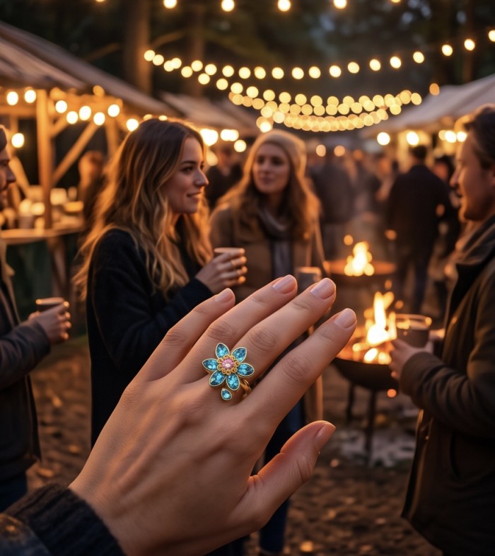 Summer flower 6.5 carat genuine Green Topaz 14K Gold over .925 Sterling Silver handmade Statement Ring size 8 - Green Topaz flower ring on hand at a festive outdoor gathering.