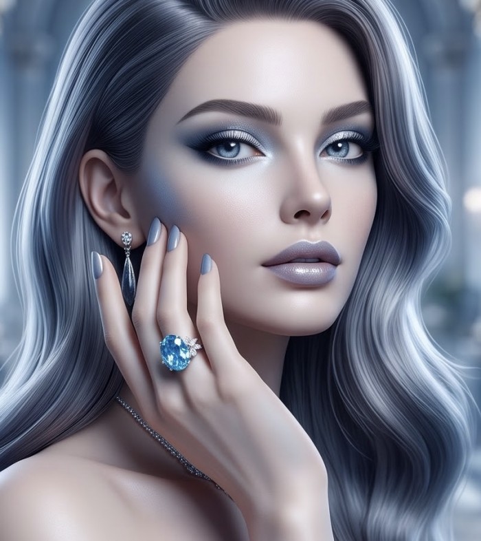 Oceania 14.5 carat Paraiba Tourmaline .925 Sterling Silver Handcrafted Ring size 8 3/4 - Elegant woman wearing Oceania ring with blue tourmaline, hand pose.