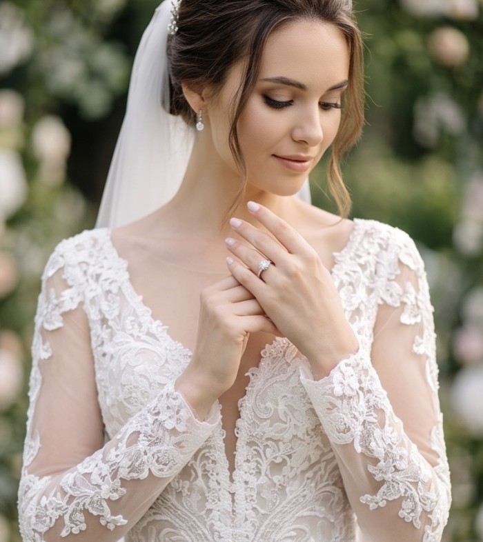 Real Beauty - 8.5 carat White Topaz .925 Sterling Silver Handcrafted Statement Ring size 7 1/4 - Bride wearing ring, front view, showcasing white topaz and intricate lace.