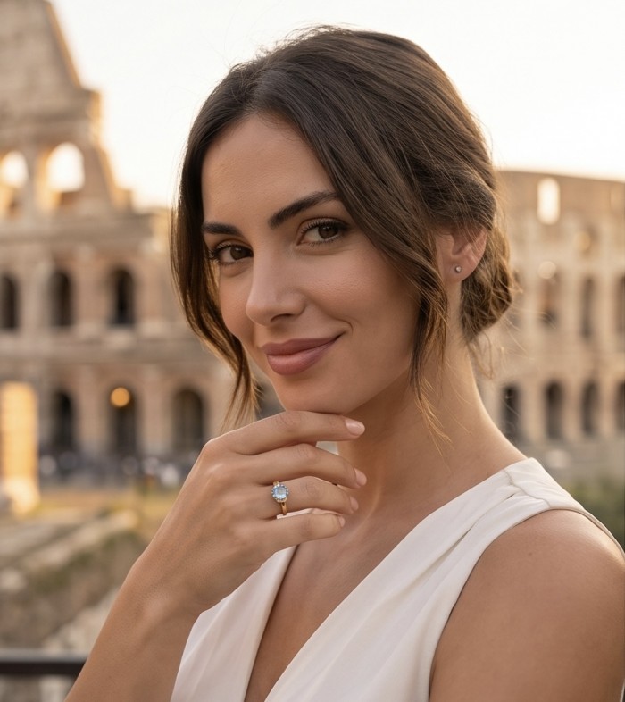 Pacifica 4.8 carat Swiss Blue Topaz .925 Sterling Silver handcrafted ring size 7 - Woman wearing Pacifica Swiss Blue Topaz ring with backdrop of Colosseum