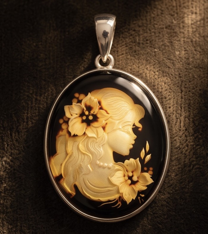 Vintage Design Cameo Natural Baltic Amber .925 Sterling Silver handmade Pendant - Vintage cameo pendant with amber detail, front view on textured surface.