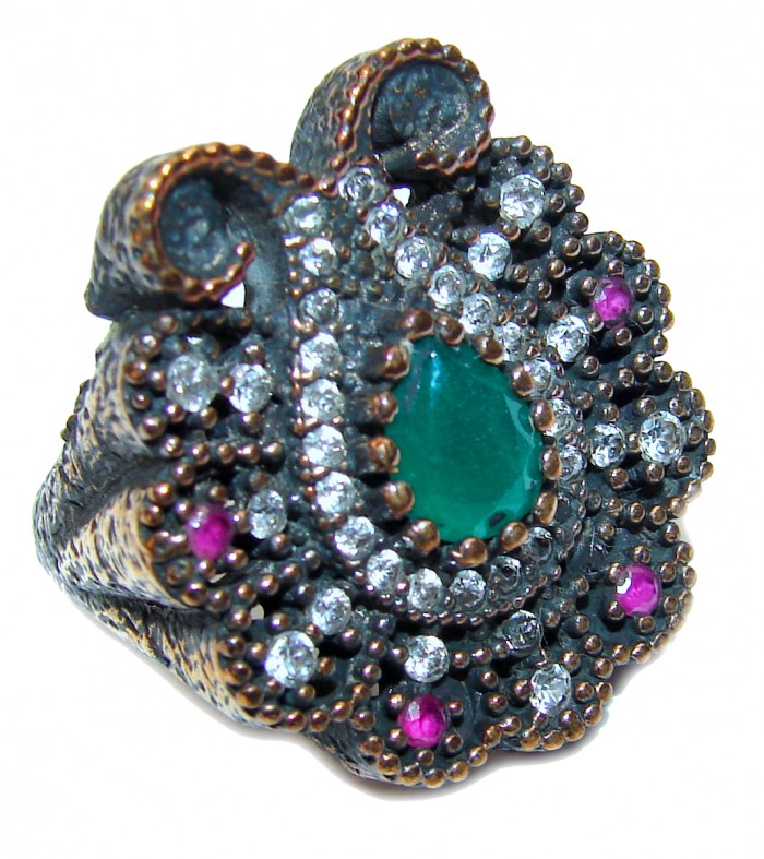 Victorian Style created Emerald & White Topaz Copper over Sterling Silver ring; s. 5 1/4 - photo 1