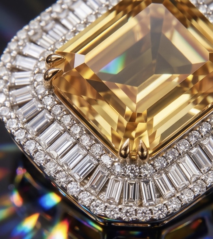 Art Deco - Luxurious asscher cut 14.7 carat Yellow Sapphire rhodium over .925 Sterling Silver handcrafted necklace - Close-up of asscher cut yellow sapphire with diamond halo.