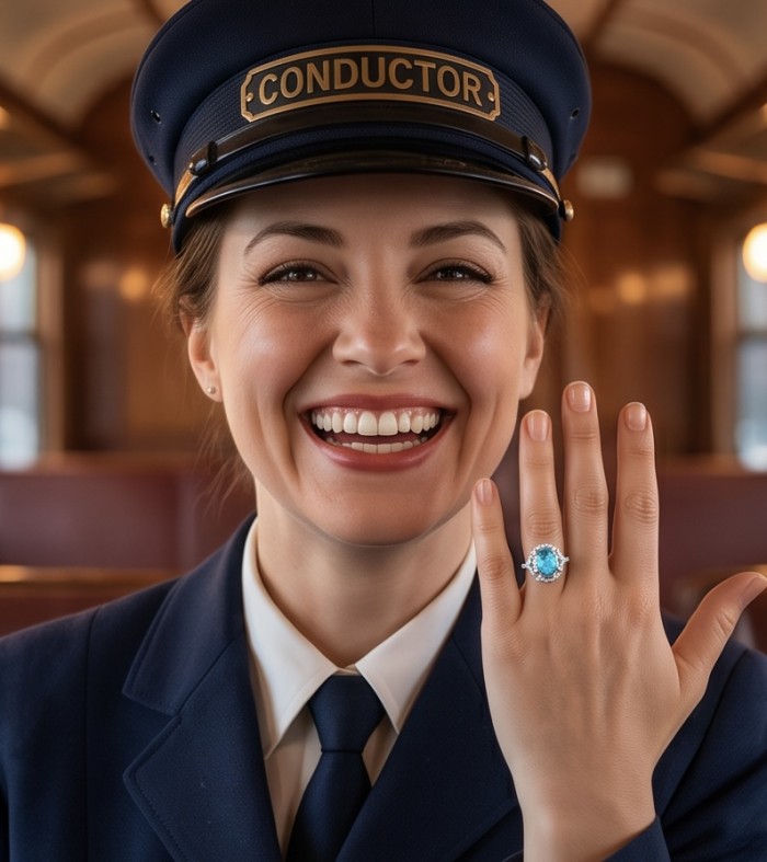 Gabriella 10.2 carat authentic Paraiba Tourmaline rhodium over .925 Sterling Silver handcrafted Statement Ring size 6 3/4 - Conductor showing Paraiba Tourmaline ring on hand, smiling close-up.