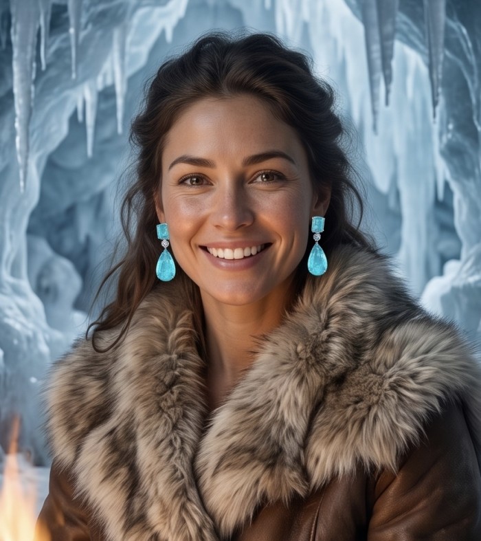 Divine Beauty 18.5 carat Aquamarine .925 Sterling Silver Handcrafted .925 Sterling Silver handcrafted EARRINGS - Woman wearing Divine Beauty aquamarine earrings in an icy setting.