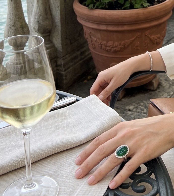 Genuine mystery setting 5.5 CARAT Emerald rhodium over .925 Sterling Silver Statement Ring size 7 1/4 - Emerald ring worn on hand, side angle with wine glass on table.