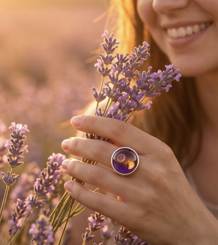 Top quality 22.5 carat Amethyst .925 Sterling Silver dipped in rhodium Handcrafted Large Ring size 8 - Close-up of amethyst ring worn on hand holding lavender flowers