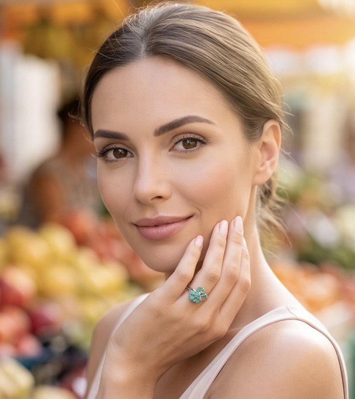Elizabeth oval cut 4.8 carat Colombian Emerald .925 Sterling Silver dipped in Rhodium handcrafted Ring size 9 - Emerald ring worn on hand, outdoor market background.