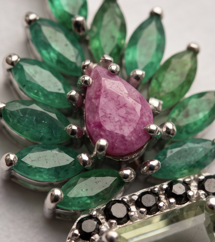 Victoria Authentic 17.2 carat green Amethyst Garnet rhodium over .925 Sterling Silver handmade pendant - Stone close-up of green amethyst garnet jewelry with emerald accents