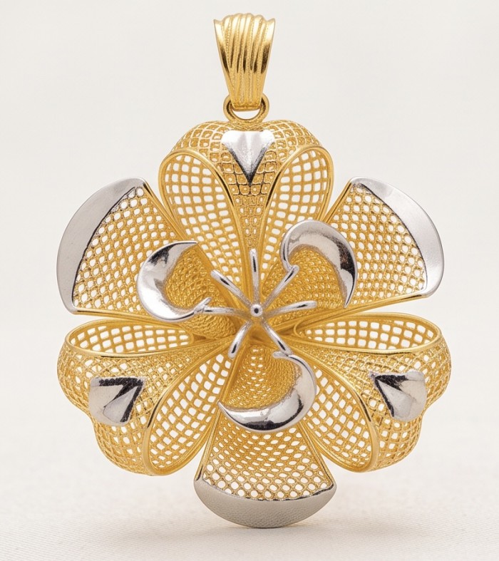 Dubai Style - Blooming Golden Rose .925 Sterling Silver dipped in 22K Gold handmade Pendant - Golden and silver floral pendant, front view, intricate mesh design