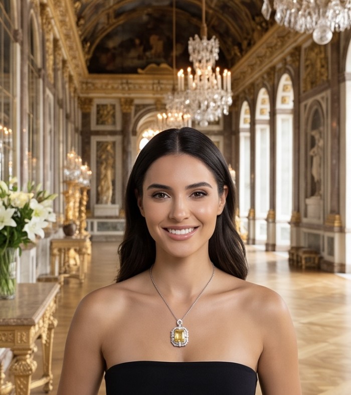 Art Deco - Baquette cut 35.5 carat YELLOW SAPPHIRE .925 Sterling Silver dipped in Rhodium handcrafted necklace - Model wearing yellow sapphire necklace in elegant hall setting