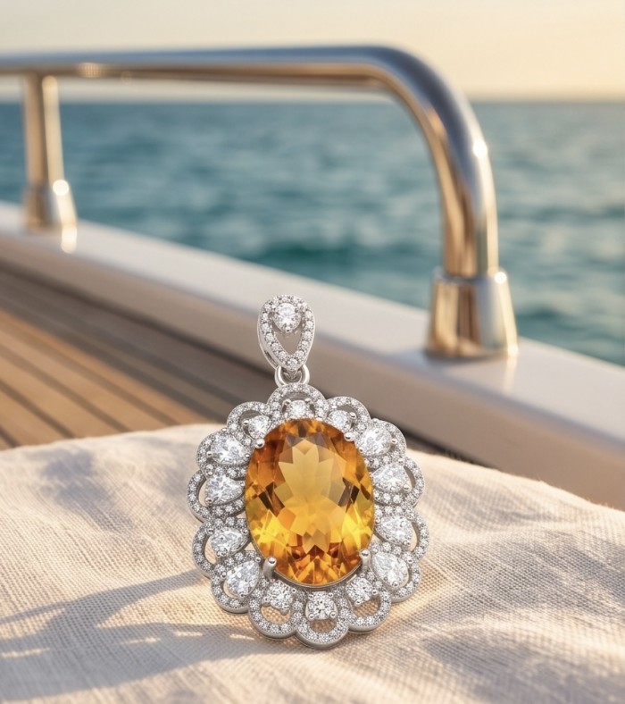 Costa del Sol 18.8 carat Citrine .925 Sterling Silver handcrafted Statement pendant - Citrine pendant on boat deck, close-up with ocean background