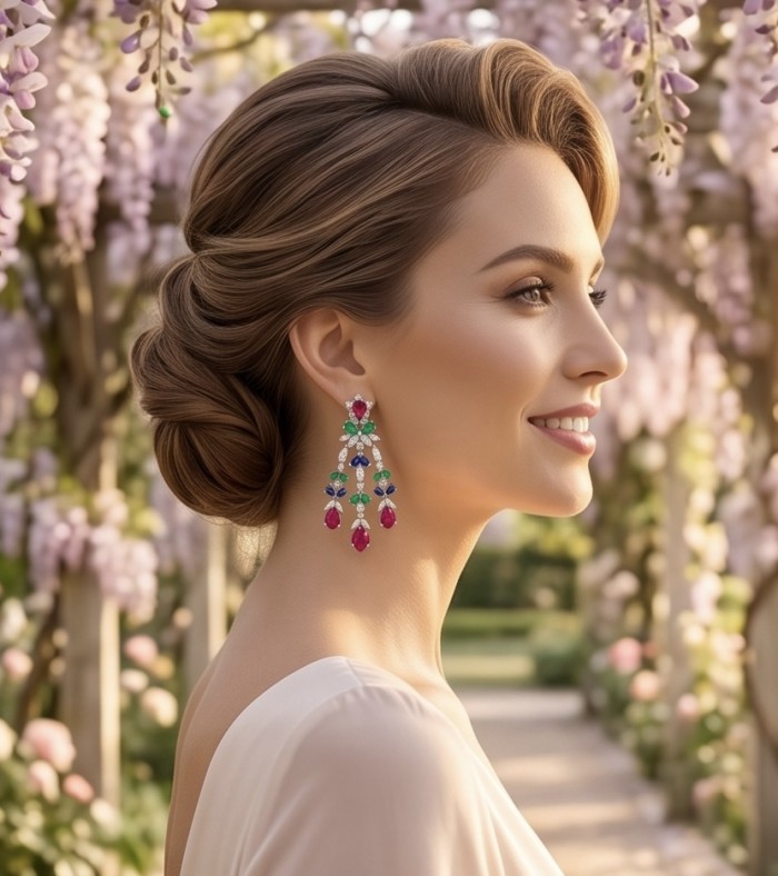 RARE BEAUTY! Valentina 18.2 carat Ruby Emerald Sapphire .925 Sterling Silver dipped in rhodium Statement handcrafted earrings - Side view of elaborate earrings with rubies, emeralds, and sapphires.