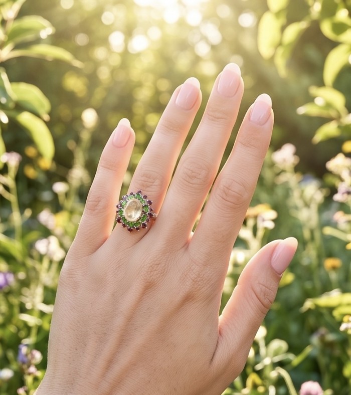 Victoria Authentic 12.7 carat Brazilian Citrine .925 Sterling Silver brilliantly dipped in rhodium handcrafted Statement ring; s. 8 1/4 - Hand wearing Victoria Authentic Citrine ring in a garden setting.