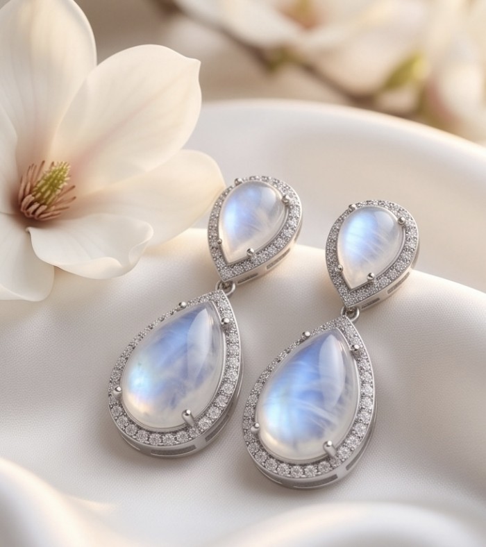 Cascades OF LIGHT Genuine 12.2 carat Fire Moonstone rhodium over .925 Silver handcrafted earrings - photo 4