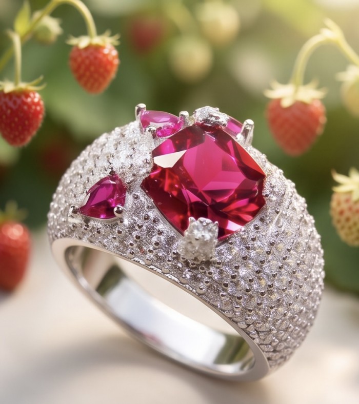 Scarlett 4.4 ctw Mozambique Ruby .925 Sterling Silver handcrafted Statement Ring size 8 - Close-up of Scarlett Mozambique Ruby ring with strawberries in background