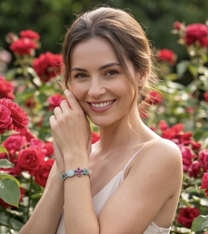 Isabella - Beauty of Nature natural 85.5 carat Ruby Green Tourmaline Rhodium over .925 Sterling Silver handmade Statement bracelet - Woman wearing Isabella bracelet with floral design in a garden setting.