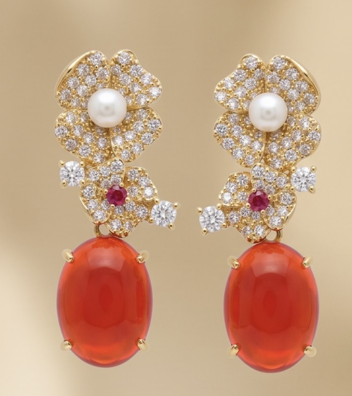 Luxurious 12.9 carat natural Mozambique Ruby 18K Gold over .925 Sterling Silver handcrafted earrings - Close-up of 18K gold earrings with rubies, diamonds, and pearls