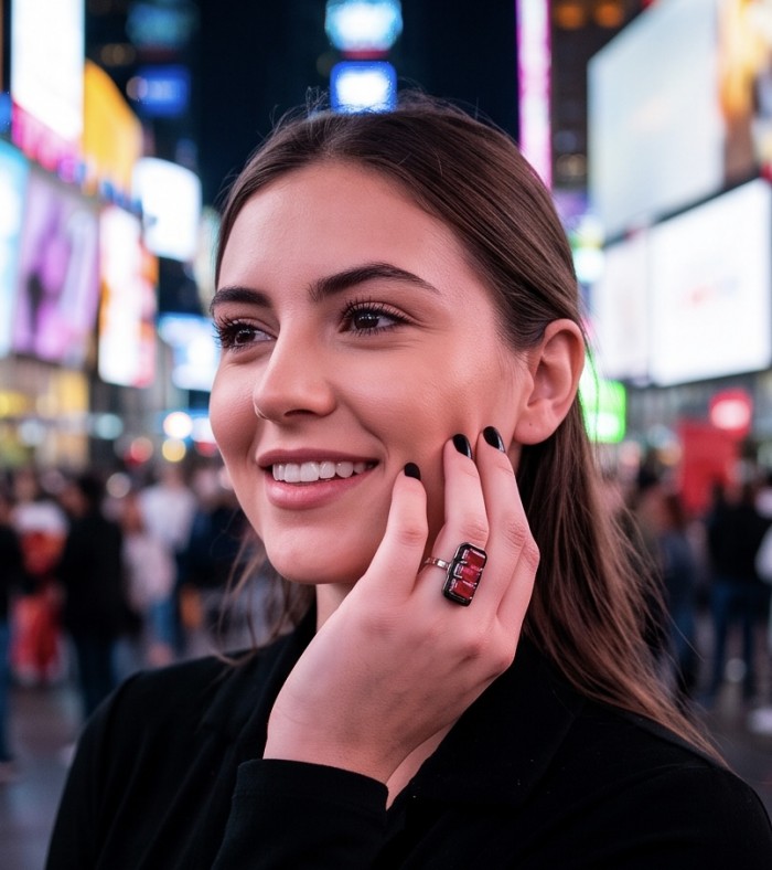 Art Deco 4.2 carat Ruby black enamel .925 Sterling Silver handcrafted Ring s. 8 - Ruby black enamel sterling silver ring worn on hand, smiling woman.