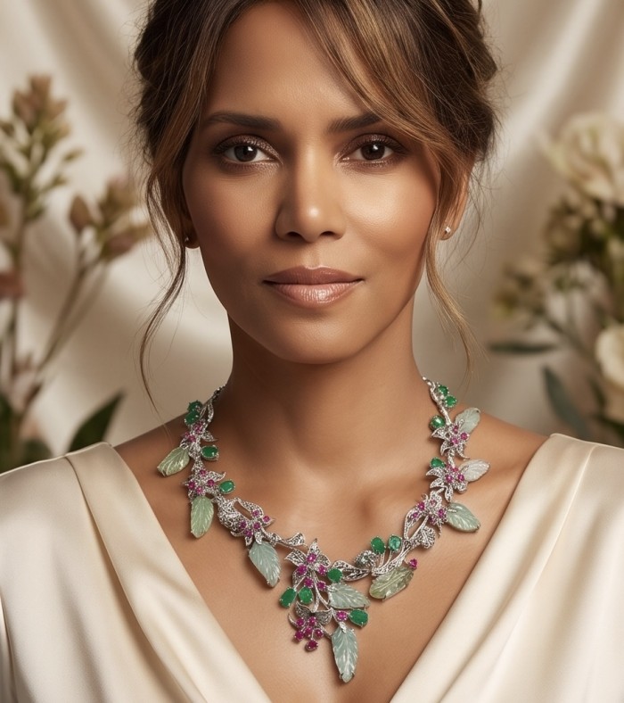 RARE BEAUTY! Valentina 168.2 carat CARVED Green Amethyst .925 Sterling Silver dipped in rhodium Statement Necklace - Woman wearing a statement necklace with carved green amethyst.