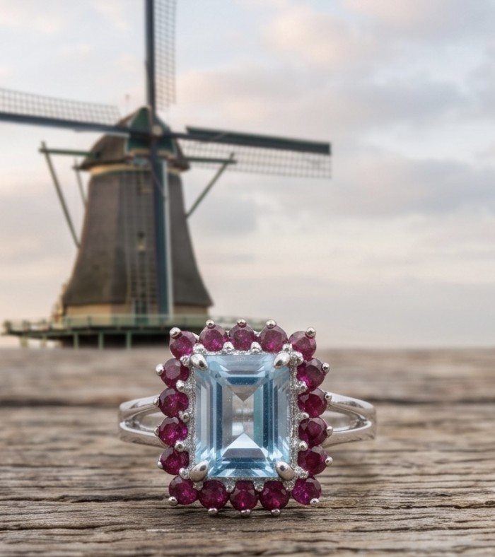 Atlantica 5.8 carat Swiss Blue Topaz .925 Sterling Silver dipped in rhodium handcrafted ring size 8 - Swiss Blue Topaz ring close-up with windmill in the background
