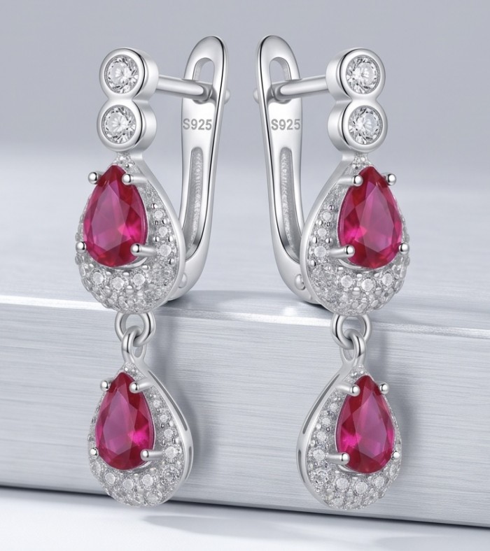 Genuine 3.8 carat Ruby rhodium over .925 Sterling Silver handcrafted Statement Earrings - Front view of ruby and diamond earrings in sterling silver.