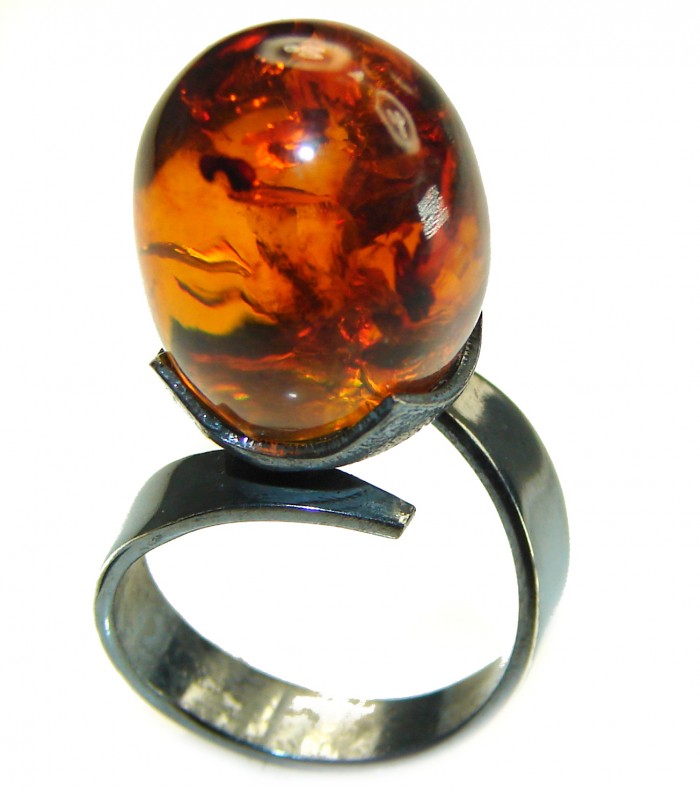 Authentic Baltic Amber black rhodium over .925 Sterling Silver handcrafted ring; s. 8 3/4 - photo 1