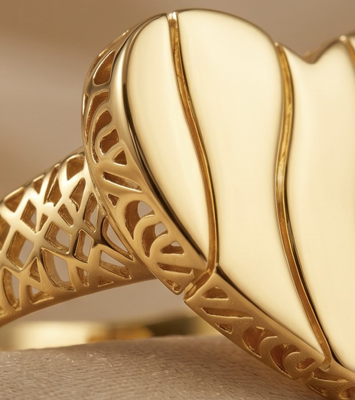 Dubai Style - Golden Heart .925 Sterling Silver dipped in 22K Gold handmade ring size 7 1/4 - Golden heart ring detail with filigree design, side view.