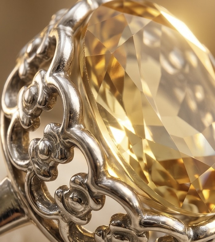 Summer Friday 14.8 carat Genuine Lemon Quartz .925 Sterling Silver handcrafted ring size 9 1/2 - Close-up of 14.8 carat lemon quartz in intricate silver setting