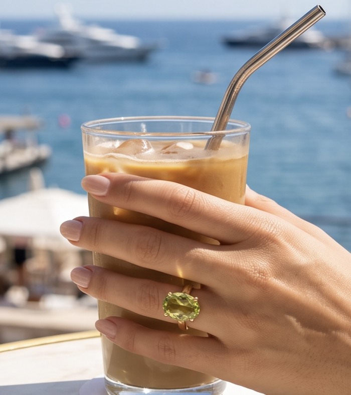 Nature 10.9 carat authentic Himalayan Peridot .925 Sterling Silver dippedin 22K Gold Handcrafted Statement Ring size 6 - Worn on hand by the sea, showing Nature 10.9 carat Himalayan Peridot ring.