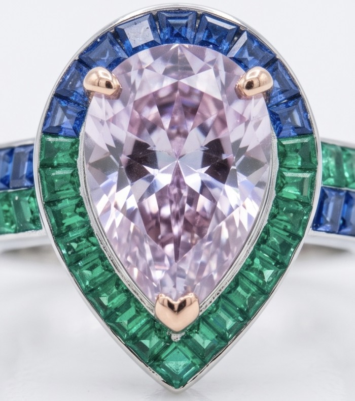Emily - Art Deco - Precious genuine 9.8 carat Kunzite rhodium over .925 Sterling Silver handcrafted ring size 7 - Stone close-up of Art Deco ring with Kunzite and blue-green accents