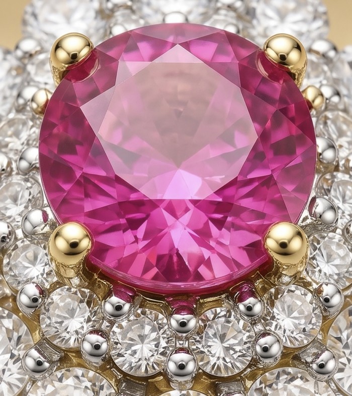 Scarlett 4.8 ctw Mozambique Ruby 22K Gold over .925 Sterling Silver handcrafted Statement Ring size 7 - Ruby stone close-up with diamond accents and gold prongs.