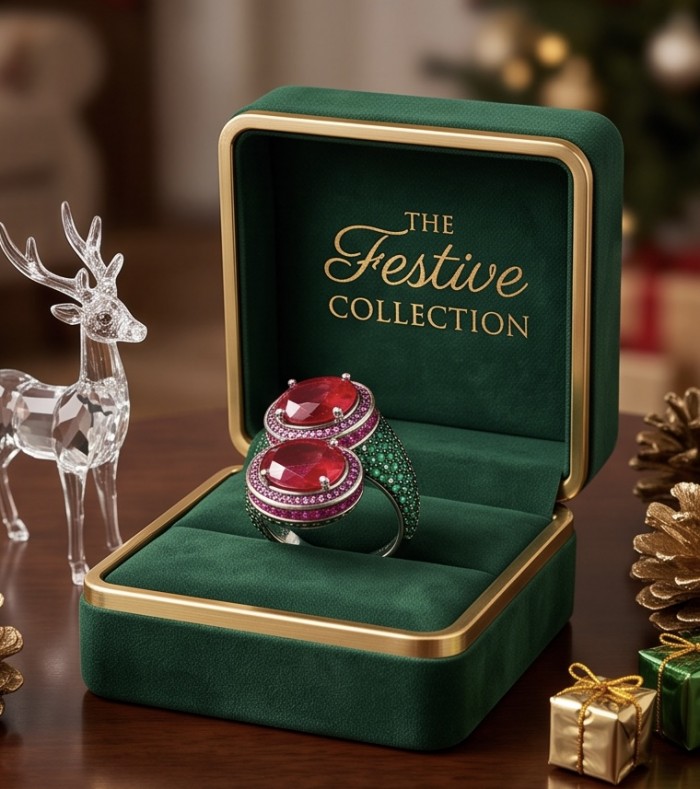 Giovanna Natural 8.6 carat Ruby pave Emerald .925 Sterling Silver dipped rhodium handmade Statement Ring size 7 1/2 - Ring in case with ruby and emerald stones, festive collection display.