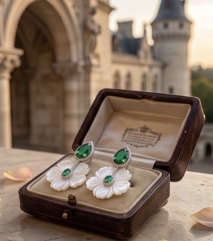 Summer Flowers Blister Pearl Blue Topaz Rhodium over .925 Sterling Silver handcrafted Earrings - Elegant earrings with green stones in an open velvet box, front view.