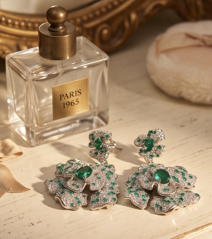 Spectacular - Floral design 8.8 carat Colombian Emerald .925 Sterling Silver dipped in rhodium handmade Statement Earrings - Floral earrings with emeralds, front view, next to a perfume bottle.