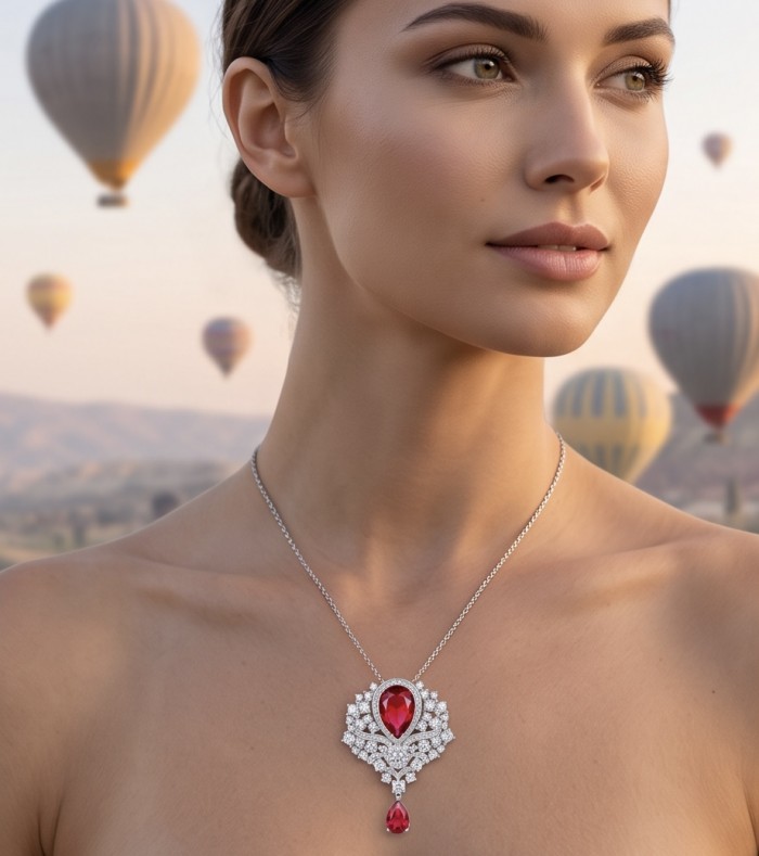 Heirloom Genuine 23.7 carat Kasmir Ruby .925 Sterling Silver handmade Pendant - Brooch - Ruby necklace with diamonds, worn by model, hot air balloons in background