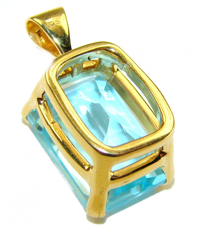 Atlantica baquette cut 10.9 carat Swiss Blue Topaz 18K Gold over .925 Sterling Silver Handcrafted Pendant - Swiss Blue Topaz pendant side view, 18K gold setting, close-up.
