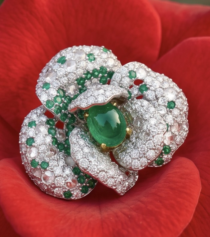 Secret Rose - Vintage Style 6.8 carat Jade 18K Gold over .925 Sterling Silver handmade Large Cocktail Ring s. 6 - Close-up of Secret Rose vintage-style jade brooch on red petals