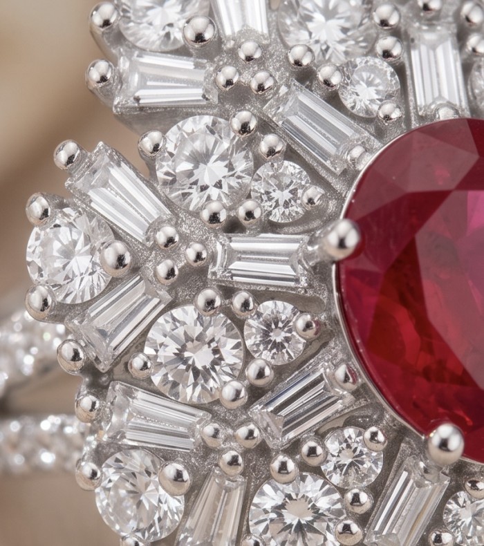 Bella Rosa Genuine 5.5 CARAT Ruby rhodium over .925 Sterling Silver Statement Ring size 8 - Stone close-up of Bella Rosa 5.5 carat ruby with diamonds in rhodium setting.