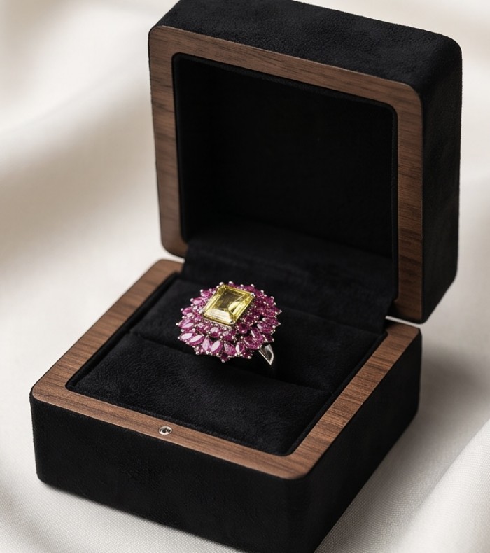 Francesca Authentic 8.9 carat Brazilian Citrine Mozambique Ruby .925 Sterling Silver brilliantly handcrafted Statement Statement ring; s. 8 3/4 - Ring in box, top view, citrine with pink gemstone halo