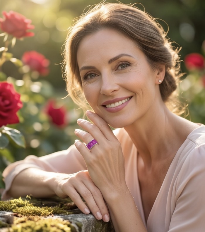 Infinity 10.7 ctw mystery setting Mozambique Ruby .925 Sterling Silver dipped in rhodium handcrafted Statement Ring size 6 1/2 - Woman wearing Infinity 10.7 ctw Mozambique Ruby ring in garden setting