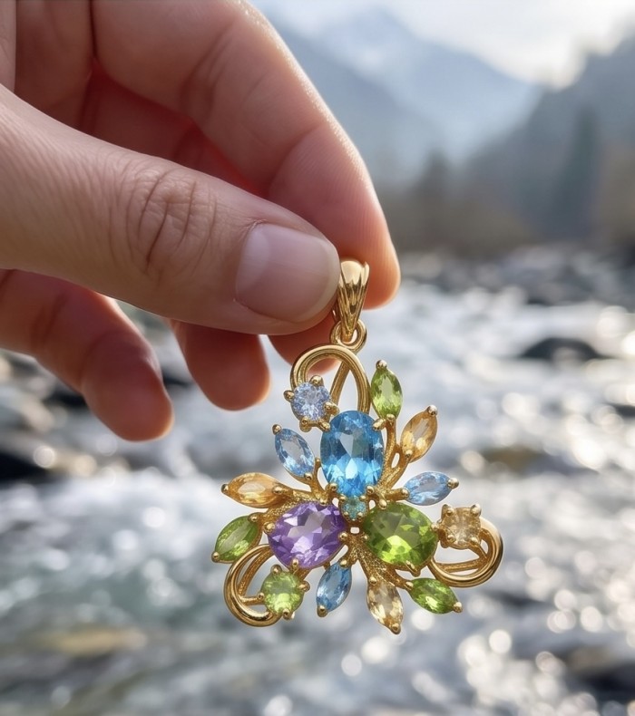 Colors of the Earth Precious 18.5 carat Multigem 18K Gold over .925 Sterling Silver Statement Pendant - Hand holding Colors of the Earth multigem pendant near river background