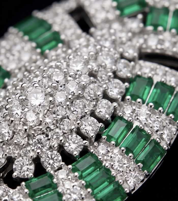 Art Deco - Royalty 10.2 carat Colombian Emerald .925 Sterling Silver .925 Sterling Silver Statement Necklace - Close-up of Art Deco emerald and diamond jewelry detail
