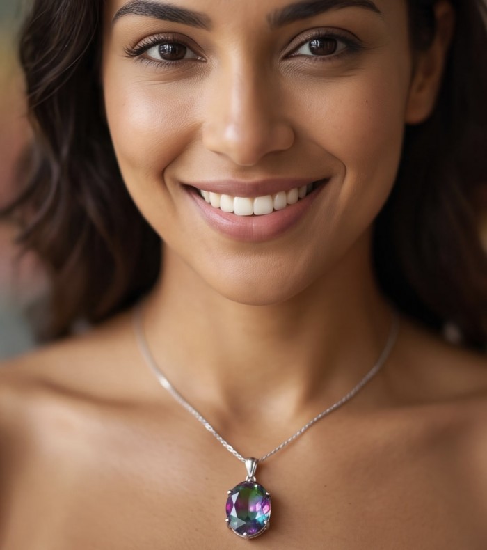 5.2 carat oval cut Brazilian Tourmaline .925 Sterling Silver Perfectly handcrafted pendant - Woman wearing 5.2 carat oval Brazilian Tourmaline pendant necklace.