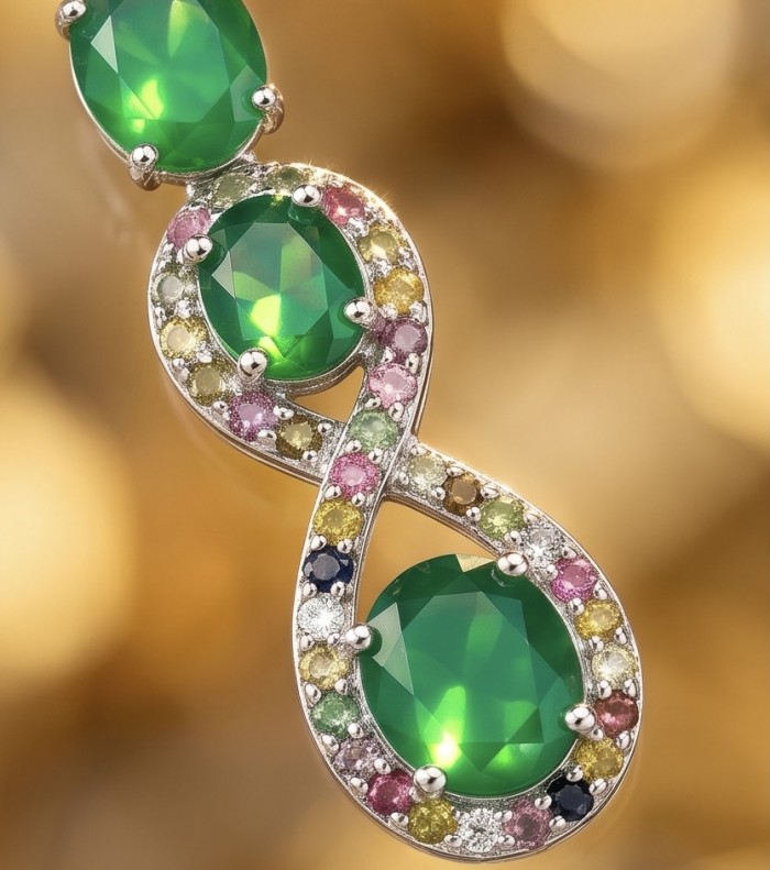 Enchanted Beauty 10.5 carat authentic Jade rhodium over .925 Sterling Silver handcrafted earrings - Close-up of Enchanted Beauty jade pendant with colorful gem accents.
