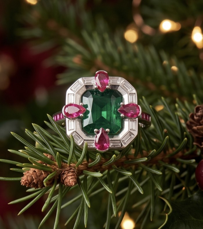 Art Deco 8.6 ctw Emerald .925 Sterling Silver handcrafted Statement Ring size 7 1/4 - Close-up of Art Deco emerald ring on a pine branch with decorative lights.