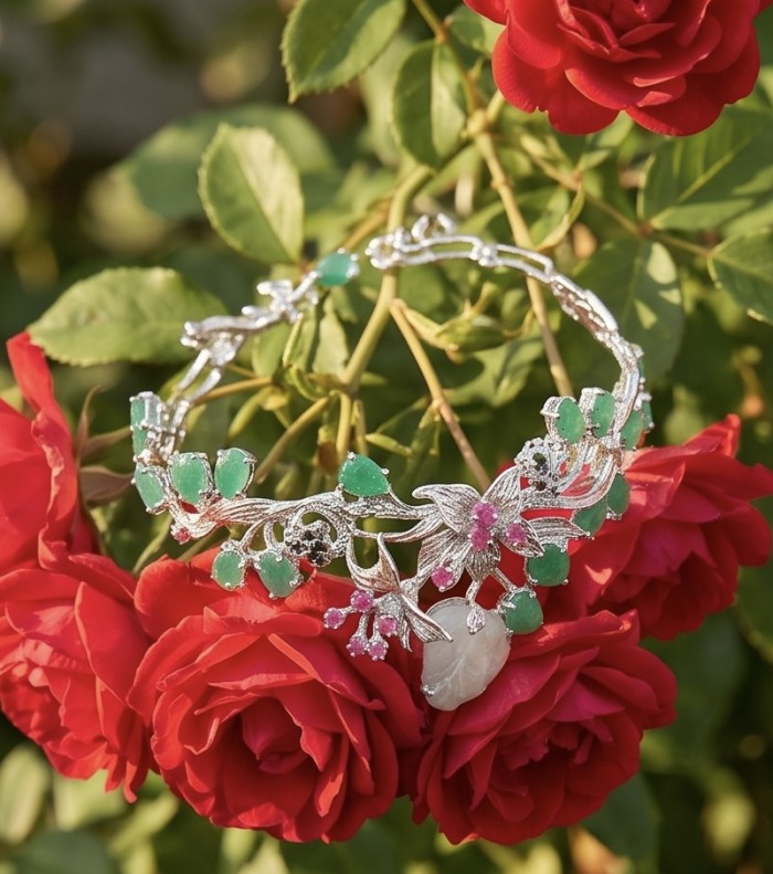 RARE BEAUTY! Valentina 58.2 carat CARVED Green Amethyst .925 Sterling Silver dipped in rhodium Statement handcrafted Bracelet - Green amethyst necklace on red roses; detailed floral design close-up.