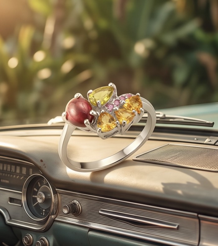 Juicy Gems 4.8 carat Multigem rhodium over .925 Sterling Silver Handcrafted Ring size 8 - Close-up of Juicy Gems multigem ring on a vintage car dashboard