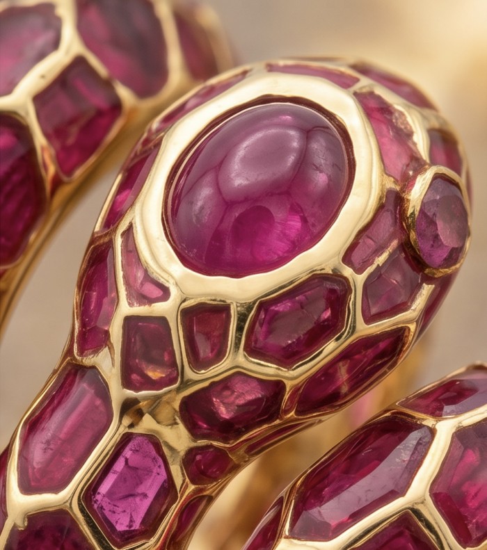 Red Snake Ruby Enamel 18K Gold over 3.5 carat Ruby 22K Gold over .925 Sterling Silver Huge handcrafted Ring s. 6 - Close-up of red snake jewelry with ruby enamel and gold details